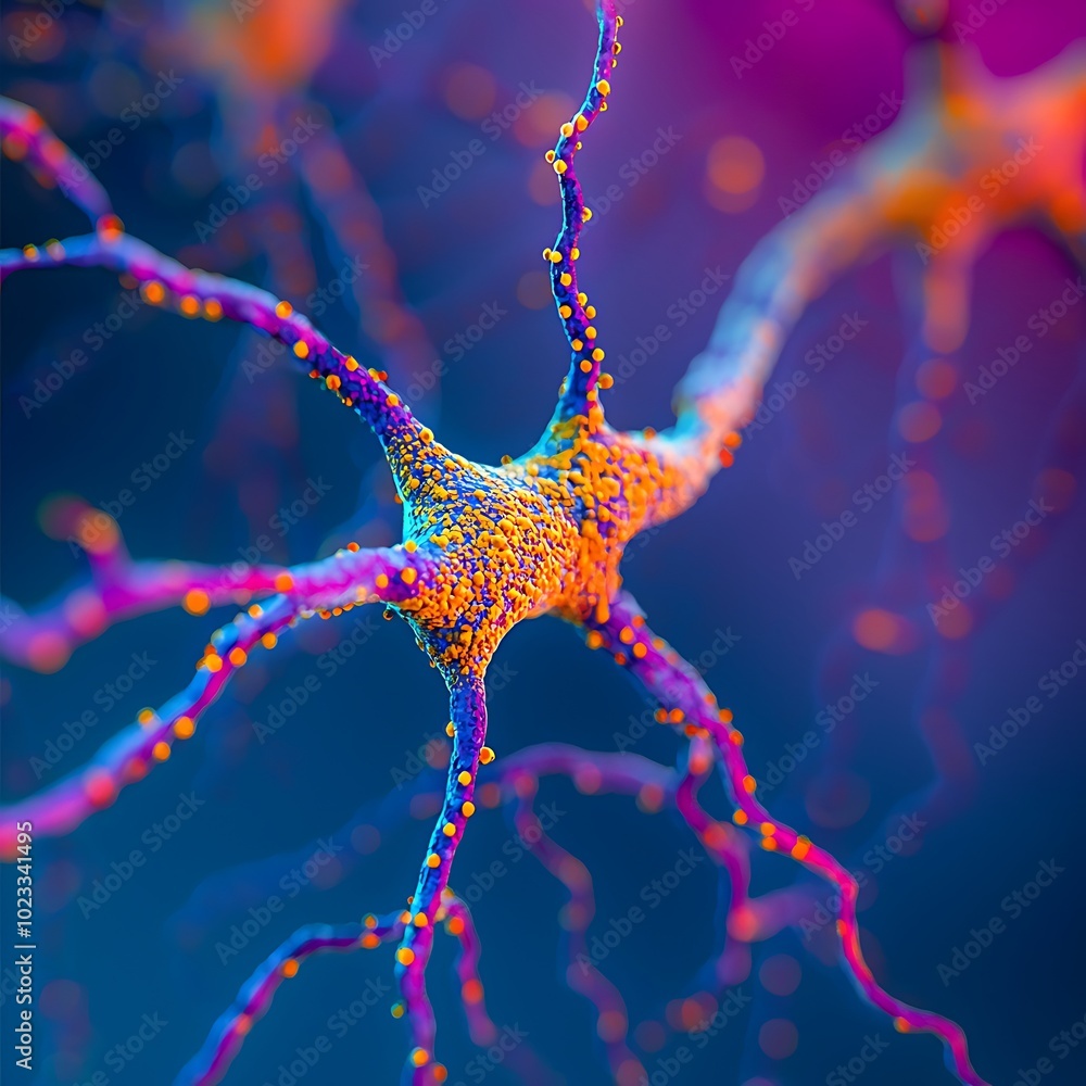 Poster a vibrant depiction of neurons showcasing intricate connections with colorful highlights, illustrati