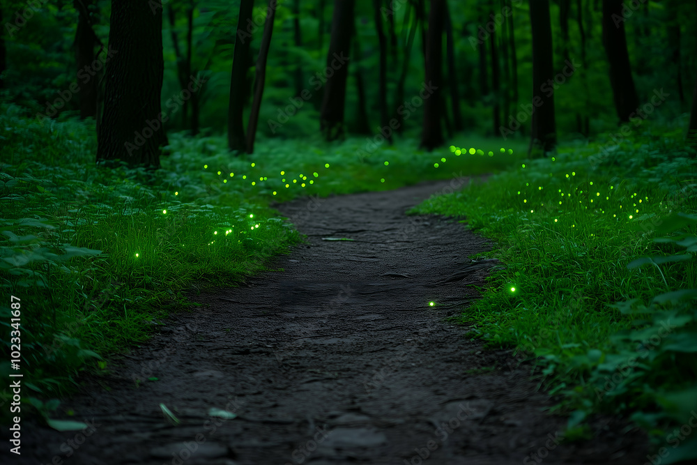 Poster fireflies lighting up a dirt path in a dark forest at night, creating a magical and enchanting scene