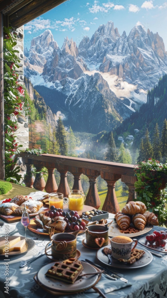 Poster a mountain view with a table full of food and drinks