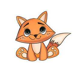 Watercolor Cute baby fox Cute baby fox. Hand drawn illustration. Watercolor Painting isolated on white background.