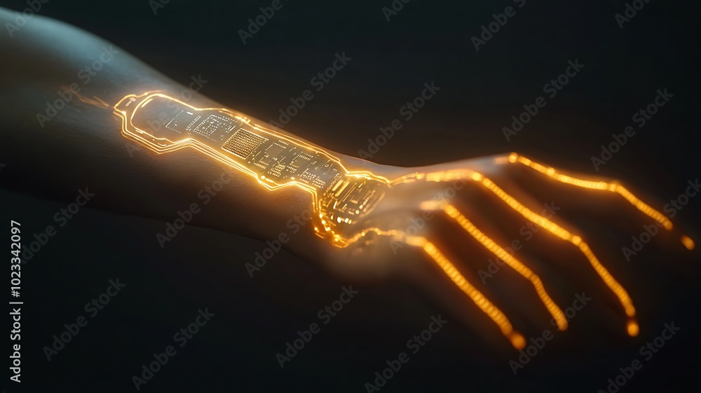 Poster a glowing representation of a hand and forearm, showcasing intricate patterns of light, symbolizing 