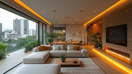 evening apartment with warm dusk lighting creating a cozy ambiance showcasing modern interior decor and tranquility