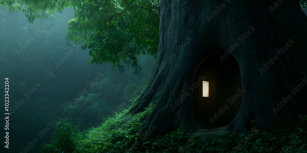 Aufkleber mysterious doorway is glowing in the base of a large tree, inviting the viewer to enter the unknown 