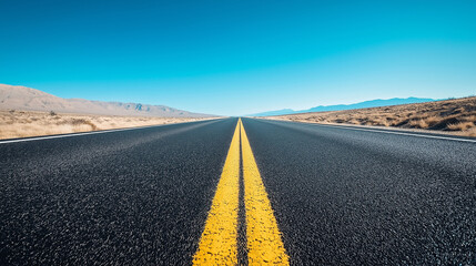 Naklejka premium A straight, empty highway in the middle of the desert, under a bright blue sky