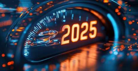 Futuristic digital speedometer highlighting the year 2025 with dynamic arrow indicating forward momentum