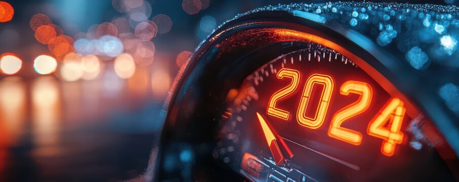 Futuristic speedometer displaying the year 2024 in vibrant red with an urban blurred light background