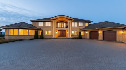This striking double story house showcases a cricket theme with beige stone walls, wooden windows, and detailed carvings, illuminated softly at twilight