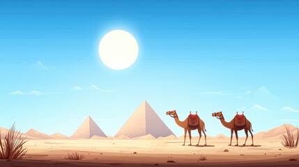 Camels Near Pyramids in a Desert Landscape