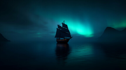 Old sailing ship glides gracefully through the calm sea on a foggy night. With mesmerizing northern lights dancing in the sky above