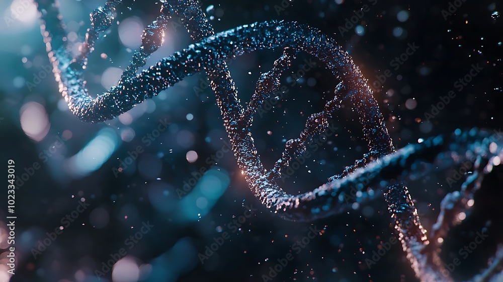 Poster a mesmerizing close-up of dna strands surrounded by sparkling particles, showcasing the beauty and c