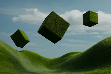 Surreal 3d rendering of a landscape with lush green hills and floating grass cubes, conveying themes of nature, ecology, and surrealism
