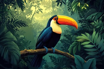 Obraz premium Elegant toucan perched in lush tropical rainforest with vibrant foliage and sunlight filtering through the leaves