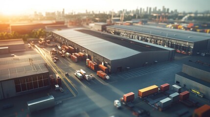 Aerial view of a busy industrial warehouse with shipping containers and vehicles.