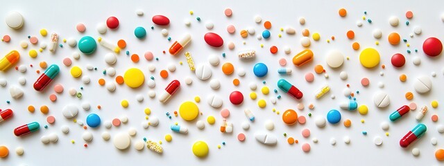 Fototapeta premium Colorful assortment of pills and capsules scattered on a white background, representing healthcare, medicine, and pharmaceutical concepts