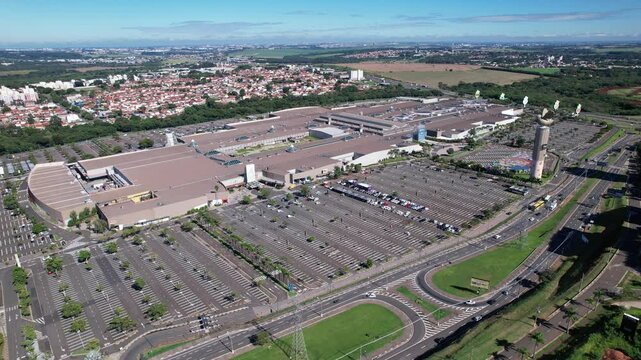 Sao Paulo, Campinas, Brazil - 10, 2024: Aerial view of Parque Dom Pedro Shopping and surrounding areas in Campinas, showing nearby neighborhoods