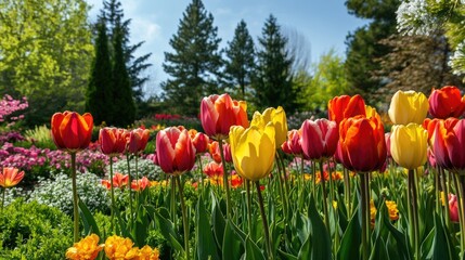 Obraz premium A breathtaking view of colorful tulips blossoming in a spring coniferous garden, with bright petals and evergreen trees creating