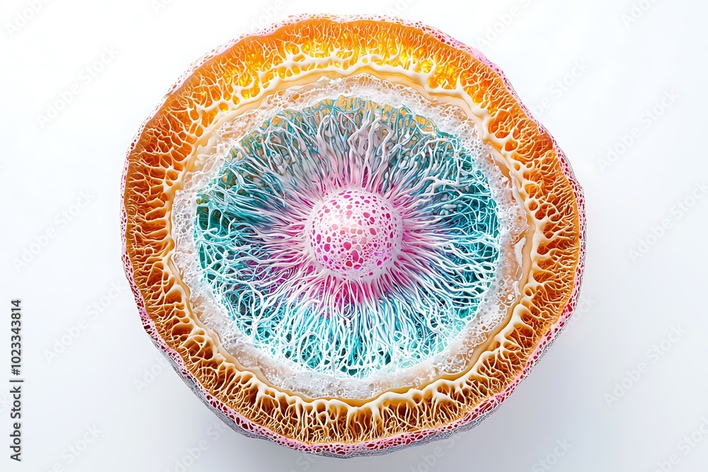 Poster a vibrant, colorful cross-section of a mineral displaying intricate patterns and textures reminiscen