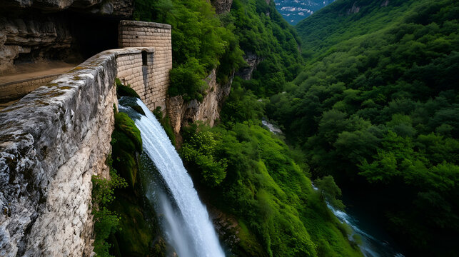 Majestic waterfall flowing down a rocky wall, enveloped by vibrant foliage, forming a serene and breathtaking natural landscape
