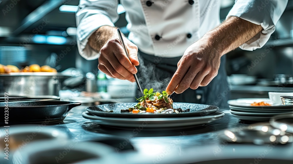 Poster A chef hands preparing an intricate dish with finesse in a beautifully lit, high-end kitchen filled with gleaming cookware and polished surfaces.