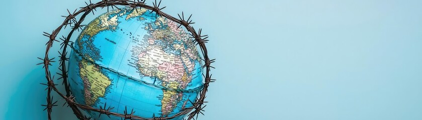 Obraz premium A globe encircled by barbed wire, symbolizing conflict and division in the world, contrasting nature and society.