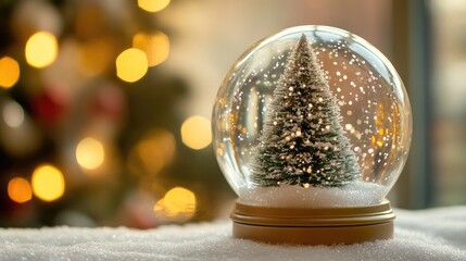 A Christmas tree sparkles inside a snow globe, snow gently swirling around it, encapsulating the joy and magic of the holiday season.