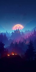 Haunting Halloween landscape featuring eerie moonlit castle against vibrant night sky, glowing jack-o'-lanterns on rocky hill, misty forest surrounding, mystical atmosphere evokes spooky vibes.