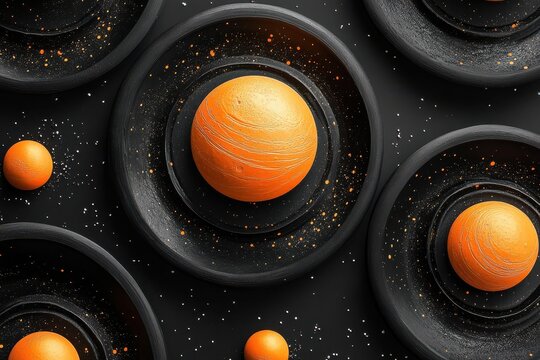 Abstract image of molten spheres with fiery orange glow inside metallic black circles, creating a futuristic and mesmerizing industrial art scene