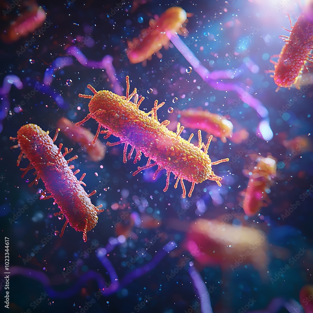 Poster close-up view of colorful bacteria floating in a microscopic environment, showcasing their unique sh