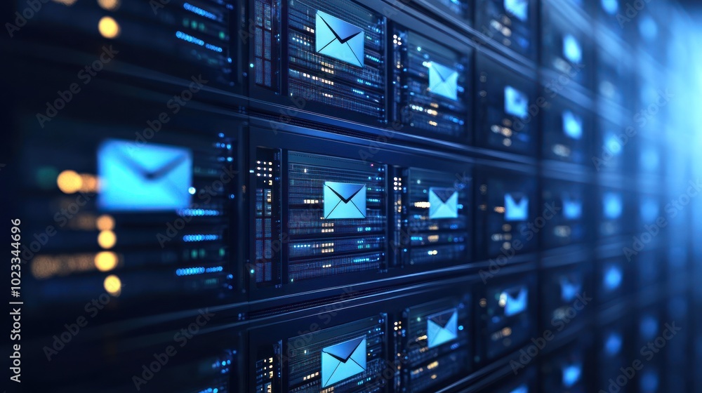 Poster a digital representation of server racks with email icons, symbolizing data storage and communicatio