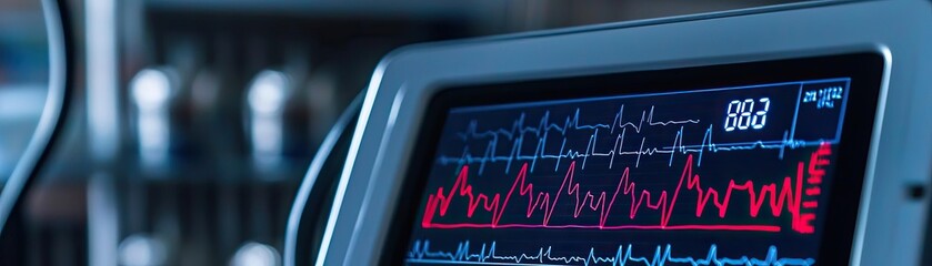 Close-up of a modern heart rate monitor displaying vital signs in a medical setting, highlighting health technology in use.