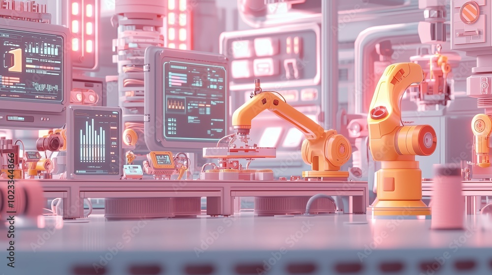 Poster pink robotic factory: futuristic automated production line with pastel-colored robots working in a t
