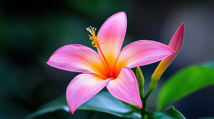 Naklejka premium Vibrant Pink Flower with Yellow Center in Nature