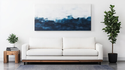A white sofa with wooden legs in a modern living room.