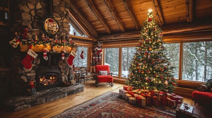 Fototapeta premium A cozy Christmas tree in a rustic cabin, symbolizing the happiness, warmth, and new beginnings that the holidays bring.