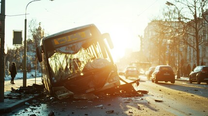 Damaged bus after accident on city street....