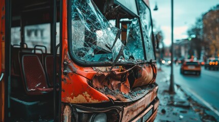 Damaged bus after accident on city street....