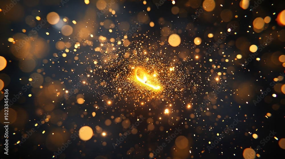 Poster a mesmerizing explosion of golden particles creating a magical and enchanting atmosphere, perfect fo