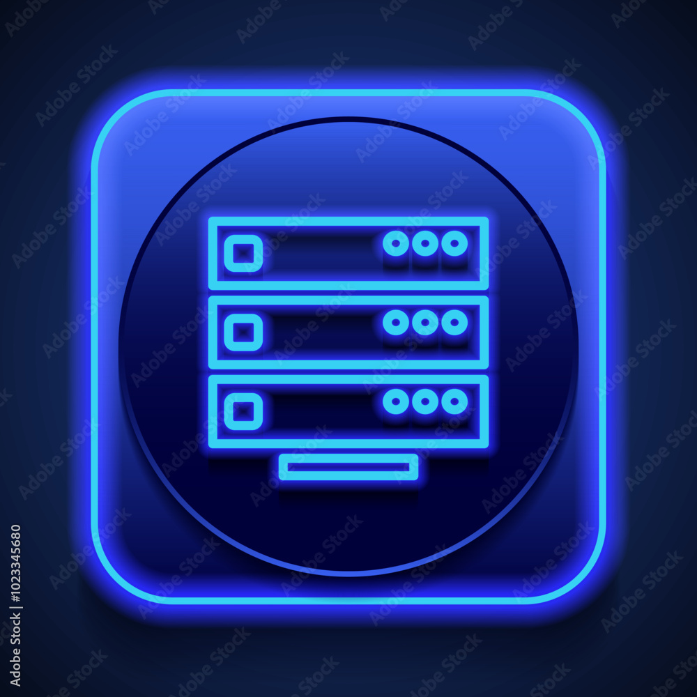 Poster server simple icon vector. flat design. blue neon style on button. with shadow