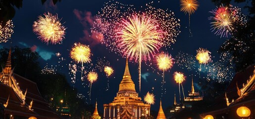 A vibrant night scene of a temple illuminated by colorful fireworks, celebrating a festive occasion in a magical atmosphere.