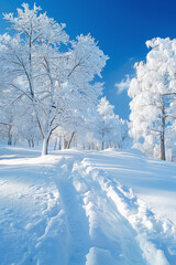 Snow-covered trees and serene blue skies create a peaceful winter wonderland