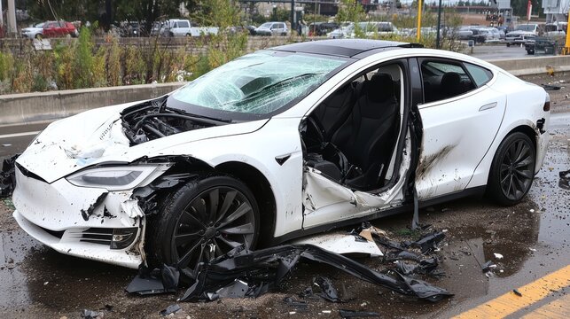 Damaged electric autonomous car after accident on highway....