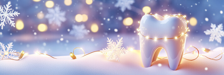 A tooth covered in snow set against a festive Christmas and holiday background, featuring seasonal decorations like Christmas trees and ornaments