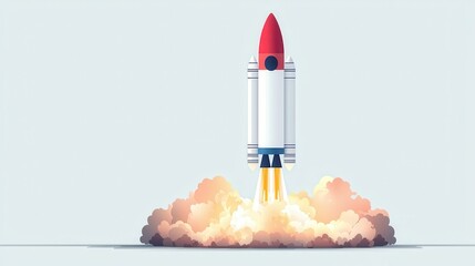 Rocket launching with flames and smoke, white isolated background.
