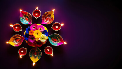 Radiant Diwali Bloom: A Symmetrical Celebration of Light and Color, Diwali decoration, festival of lights, Diya lamps