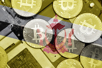 flag of brunei on the bitcoins with computer electronic circuit board background. bitcoin concept.