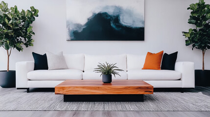 A white sectional sofa with colorful throw pillows sits in front of a minimalist art piece.