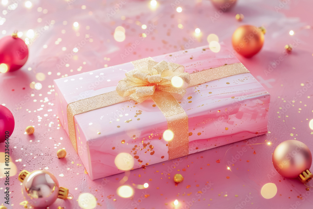 Wall mural Holiday greeting card featuring a gift box in pink and gold with festive decorations for a joyful celebration