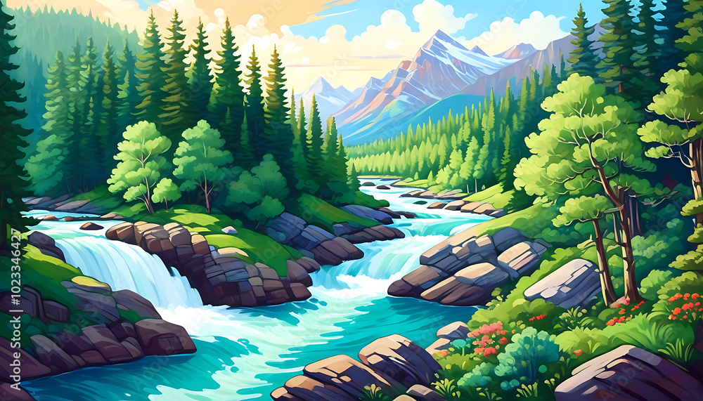 Wall mural a harmonious natural landscape depicted with a river peacefully flowing amidst green trees.