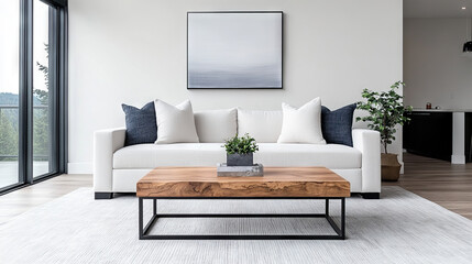 A modern living room with a white couch, a wooden coffee table, and a large window overlooking the forest.