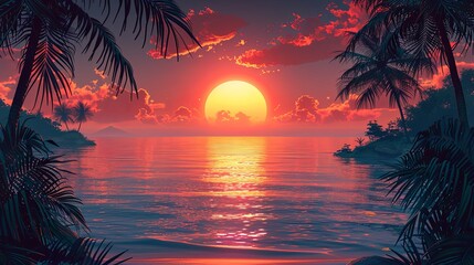 Summer party or music festival vector poster template with sea, ocean and sunset. Minimal illustration